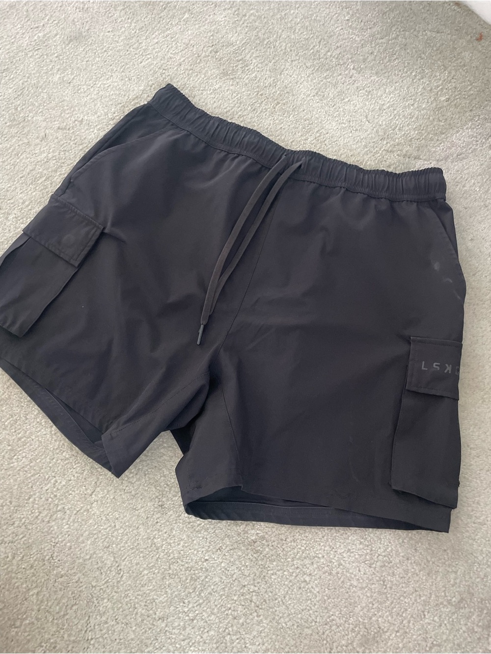 Men's Black Cargo Shorts with Elastic Waist and Drawcord